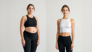 A before and after comparison of a patient who benefited from a tummy tuck.