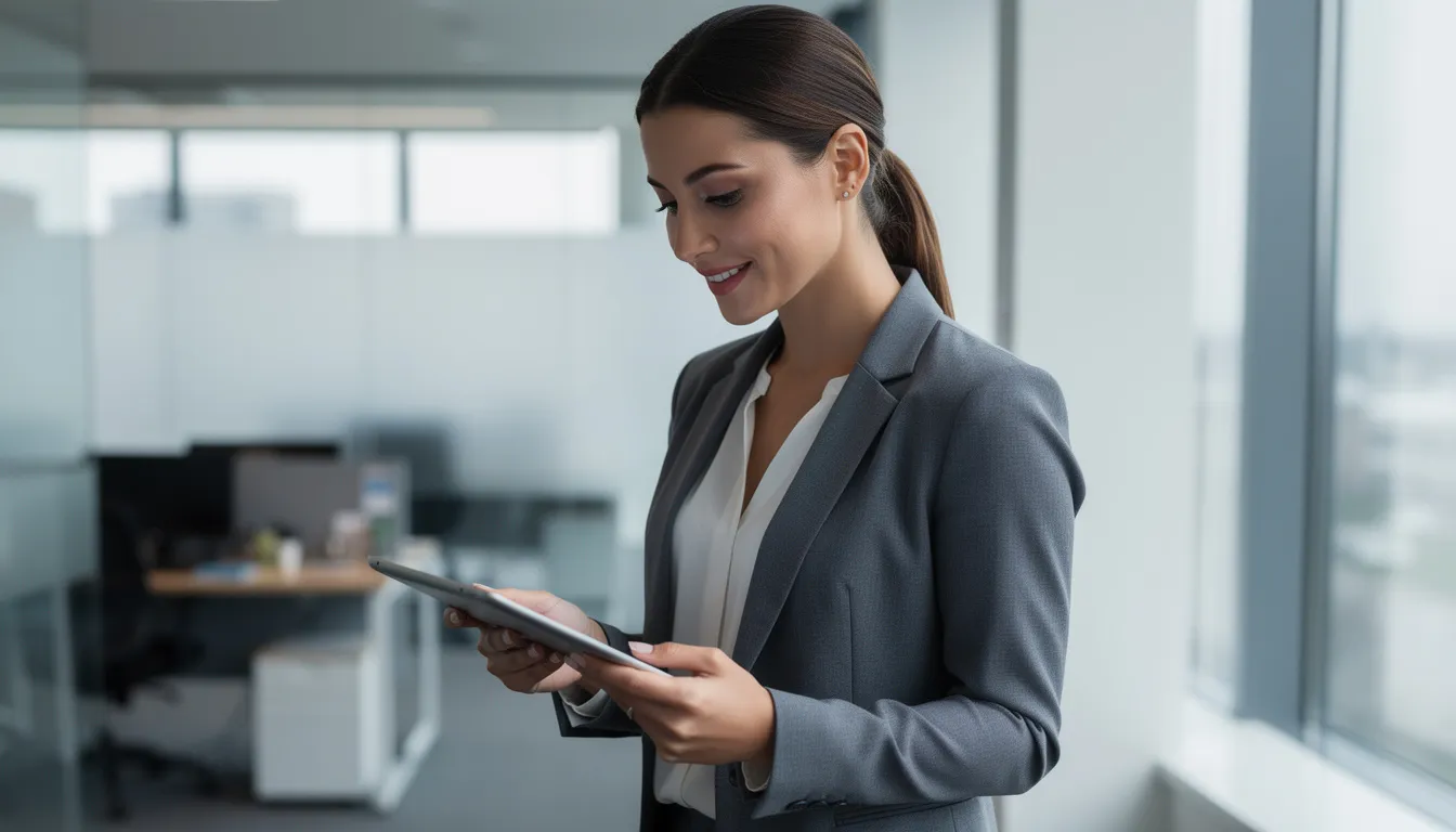 The image shows a confident woman attentively reviewing information on a tablet device, likely related to cosmetic procedures such as breast lift and augmentation. Her focused expression suggests she is considering options to enhance her breast size and restore a youthful appearance.