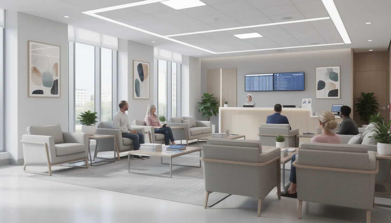The image depicts a modern and clean waiting area of a surgical center, featuring comfortable seating and a calming atmosphere, ideal for patients preparing for procedures like breast lift and augmentation. This inviting space reflects professionalism and care, offering a reassuring environment for those considering cosmetic procedures.
