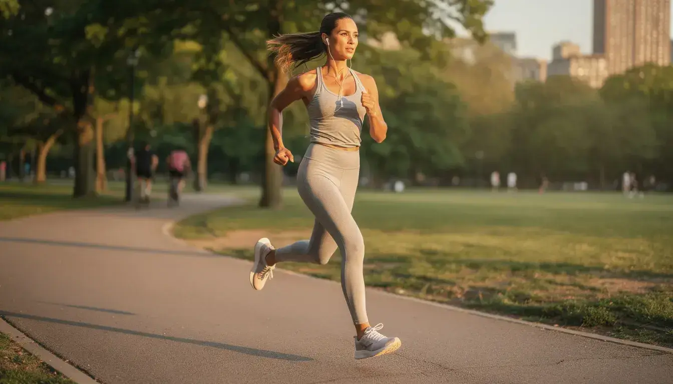An active woman is jogging outdoors in stylish athletic wear, showcasing her commitment to a healthy lifestyle. This image reflects the confidence many women feel after undergoing breast reduction surgery, allowing them to enjoy physical activities without discomfort.