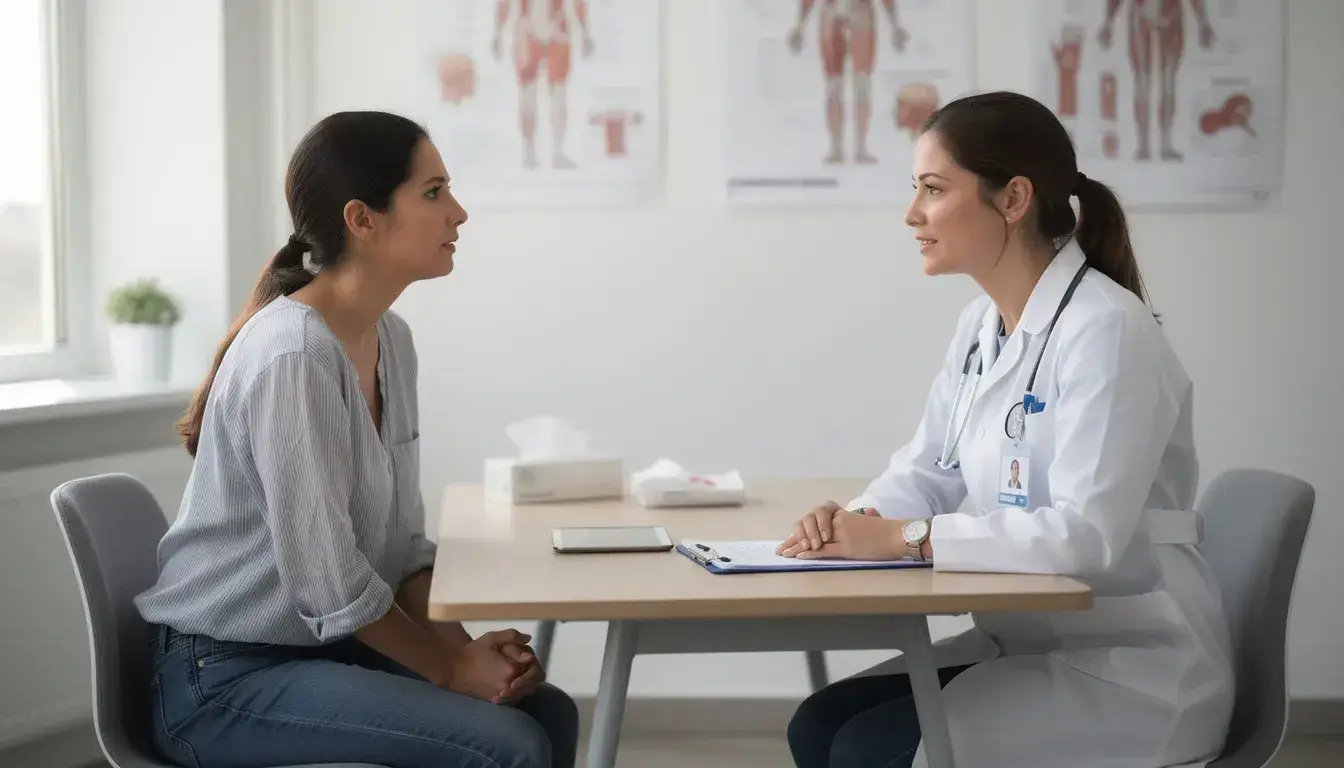 A woman is engaged in a consultation with a board-certified plastic surgeon, discussing options for a mommy makeover, which may include procedures like tummy tuck, breast augmentation, and breast lift to restore her pre-pregnancy shape. The setting is professional, emphasizing patient safety and the importance of realistic expectations for surgical procedures.