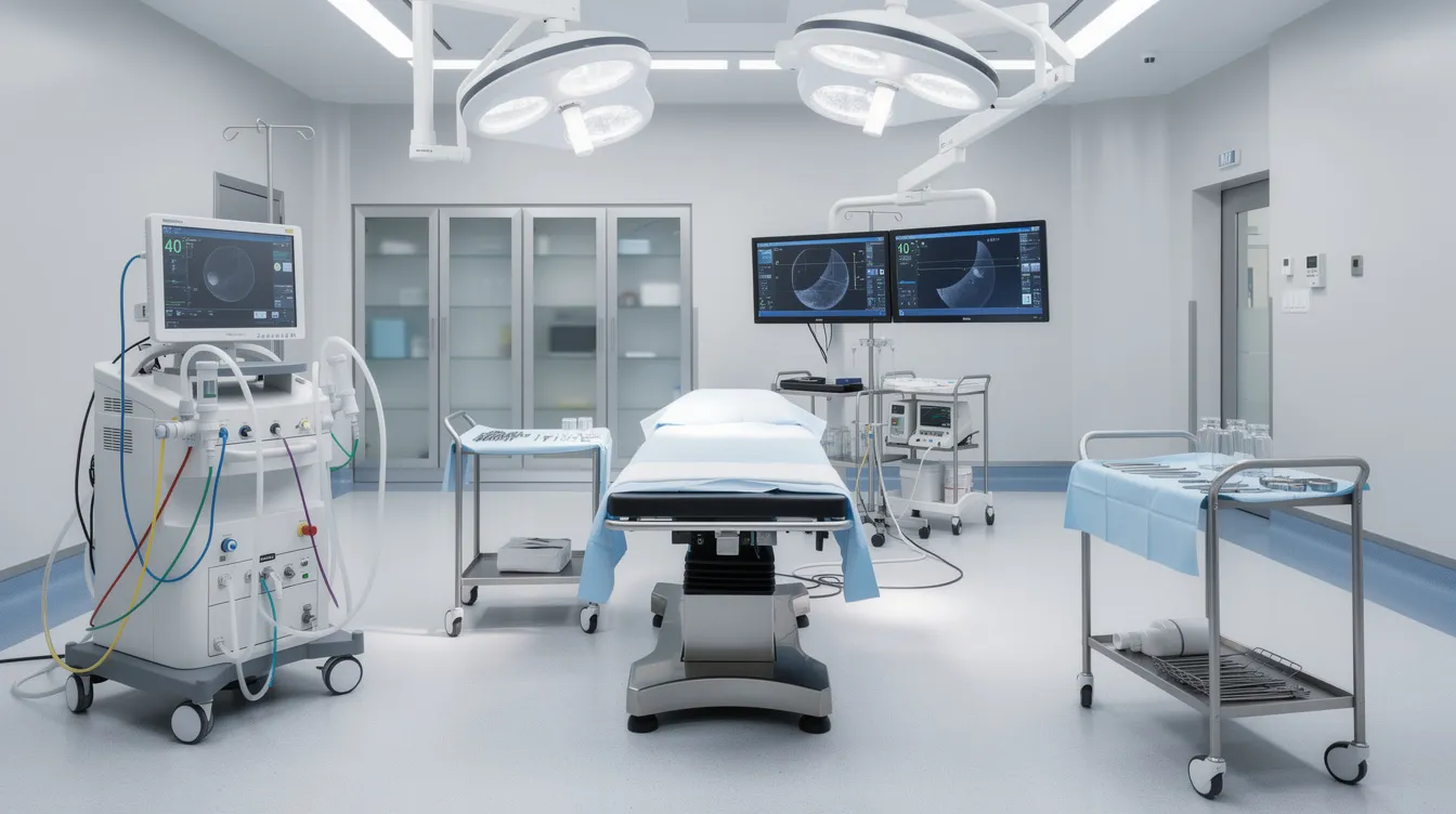 The image depicts a modern surgical facility interior, showcasing clean and organized medical equipment in a professional setting, ideal for procedures such as breast augmentation surgery. The bright, sterile environment emphasizes safety and precision, essential for cosmetic surgeries like breast implants and breast reconstruction.