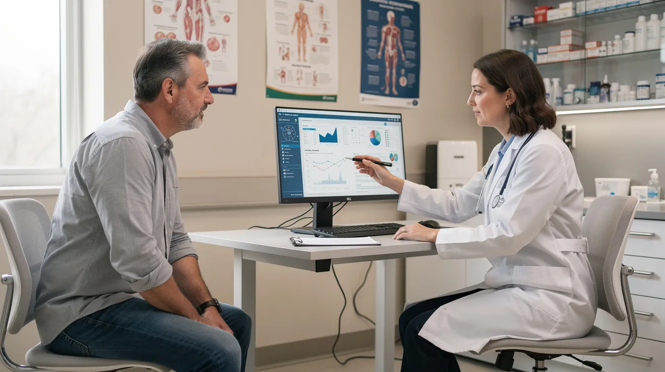 The image depicts a medical consultation setting where a patient is seated across from a doctor, both reviewing information about mommy makeover surgery options. The consultation focuses on procedures such as breast augmentation and tummy tuck, addressing concerns related to excess skin and abdominal muscle separation following pregnancy.