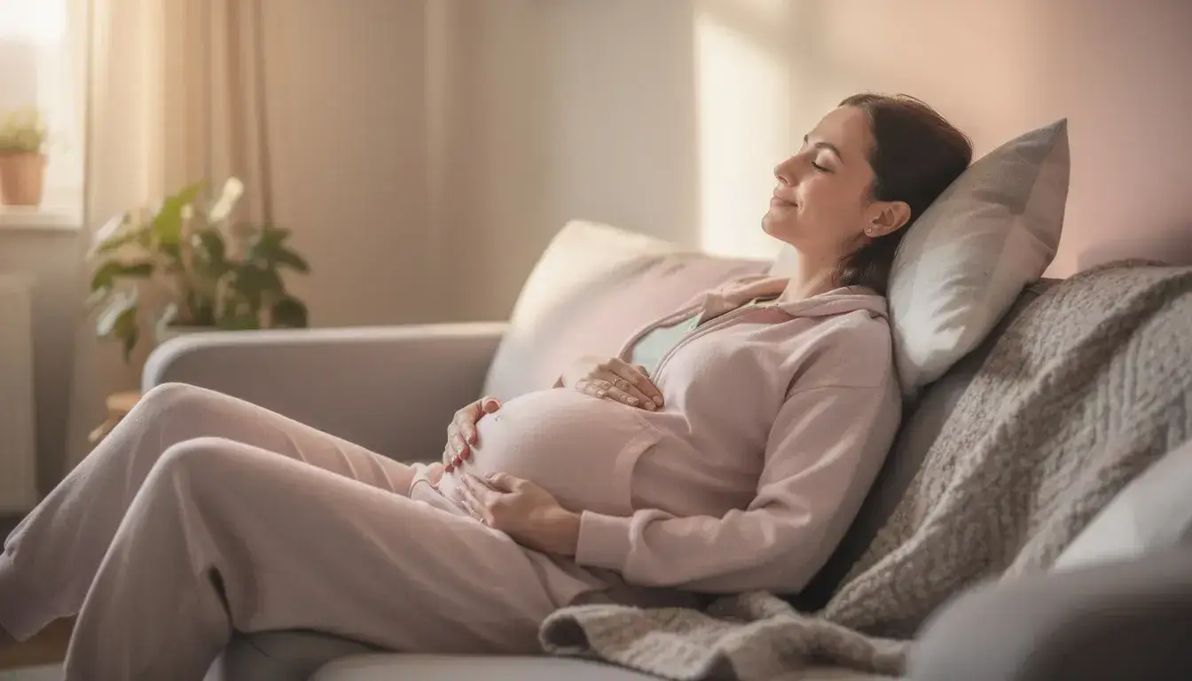 A pregnant woman is resting comfortably with her hands gently placed on her belly, showcasing the changes in her body during pregnancy. This image reflects the joy and anticipation of motherhood, as many women experience unique transformations, including breast changes, after undergoing breast reduction procedures.