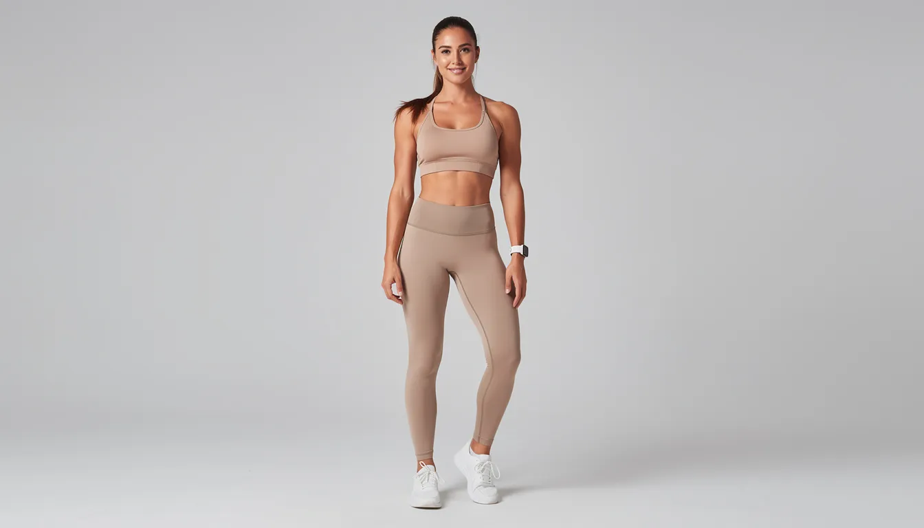 A woman in activewear stands confidently, showcasing her balanced body proportions, which may be the result of a mommy makeover surgery that includes procedures like a tummy tuck and breast augmentation. Her fit appearance reflects the positive outcomes of cosmetic procedures aimed at restoring her pre-pregnancy shape and enhancing her self-confidence.